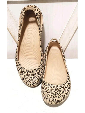 Crocs Kadee Black & Tan Leopard Animal Print Ballet Slip-on Flats Women's Size 8